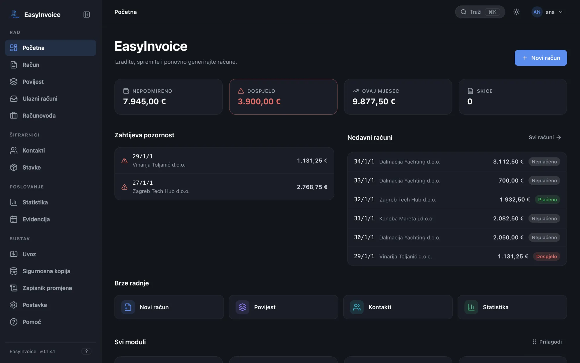 Početna stranica aplikacije EasyInvoice